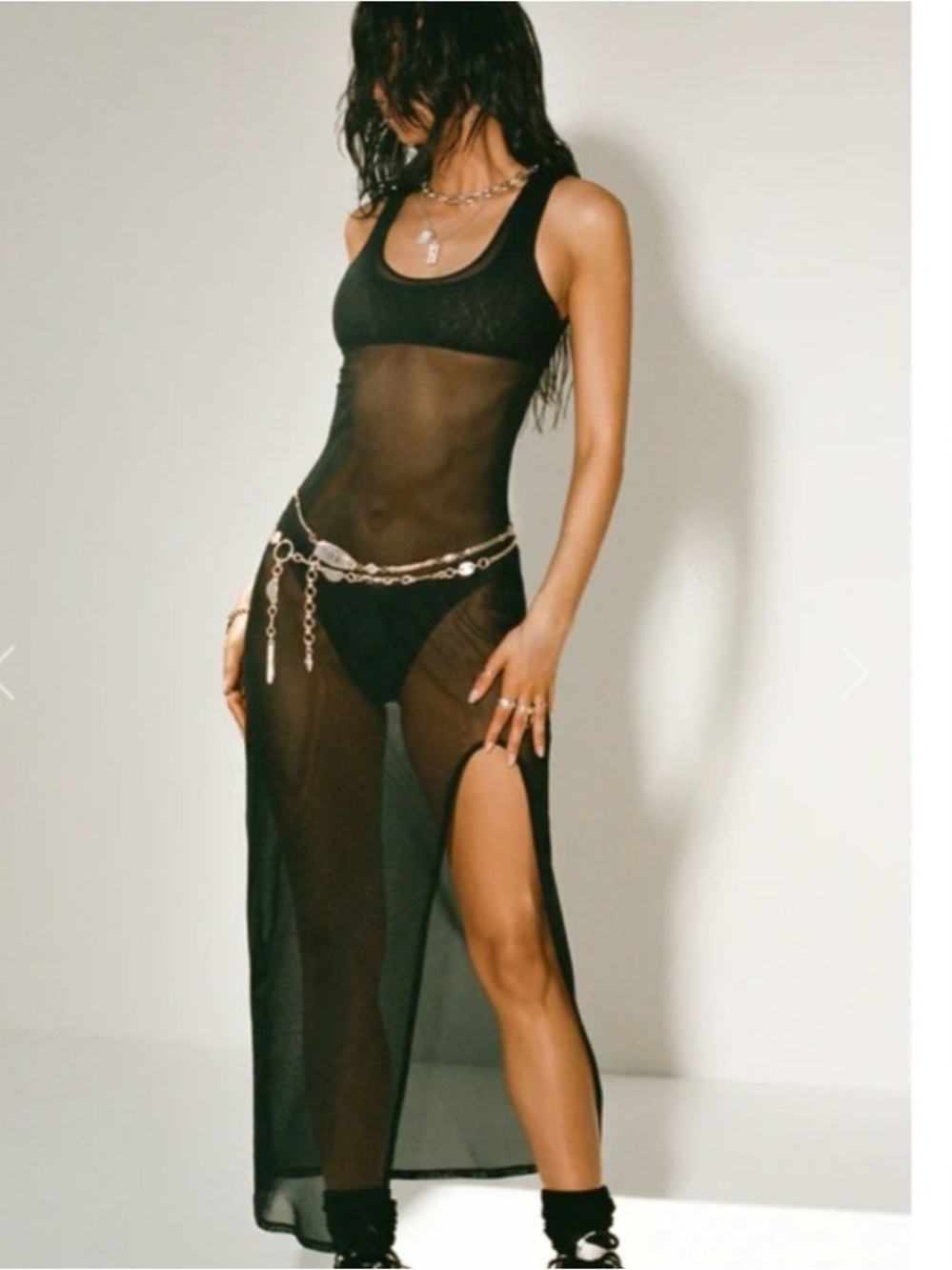 🪩Joah Brown🪩Black Mesh Sheer Maxi Dress with High Side Slit Size XS/S
